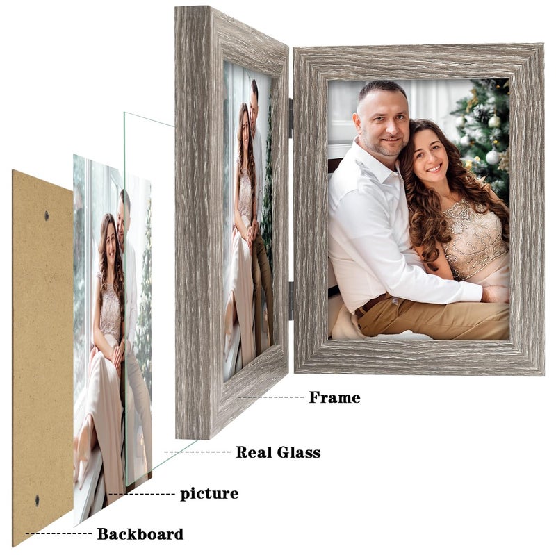 Frametory, 5x7 Double Picture Frame - Real Glass Hinged 2 Photos Collage, Desktop Picture Frame Standing Vertical (Grey, 1 Pack) - Image 5